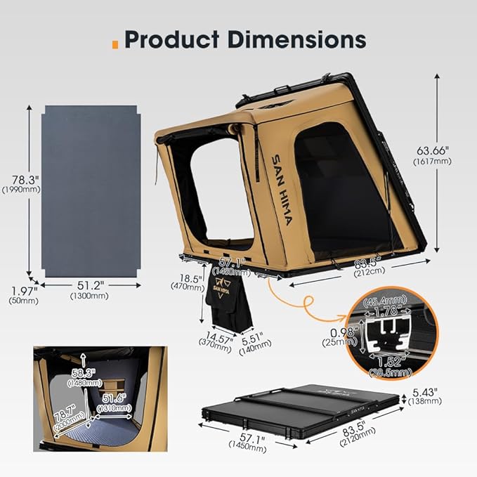 Sanhima Rooftop Tent Hard Shell - Hotham Overland Aluminium Roof Top Tent w/Larger Space, LED Strip Light & Skyview Window, 2” Thick Mattress, for Car SUV Truck Camping, 2-3 People Tent
