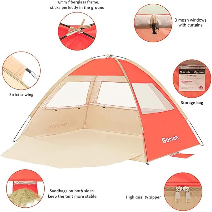 Gorich Beach Tent Sun Shelter for 3/4-5/6-7/8-10 Person with UPF 50ï¼?UV Protection, Lightweight & Easy Setup Beach Shade Canopy, Portable Beach Shade Tent Beach Cabana