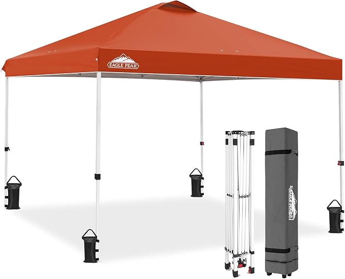 EAGLE PEAK Pop Up Canopy Tent with Wheeled Carry Bag, 8 Stakes, 4 Ropes, 4 Weight Bags, Easy Set Up Tent Canopy, 10x10 ft, 100sqft of Shade, Brick Red