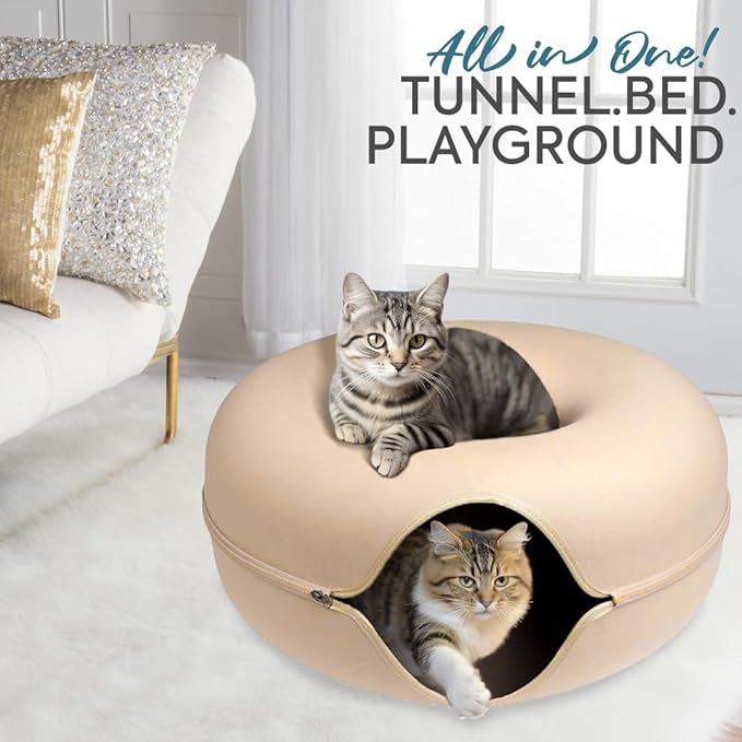 Laluz 2021 Large Cat Tunnel Bed for Indoor Cats Up to 30 Lbs Peekaboo Donut Cave with Catnip and Plush Toys Scratch Resistant Felt Design Detachable and Washable Cat Tunnel (Beige, L)