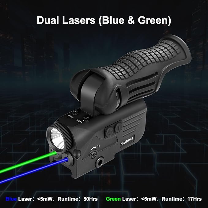 1200LM Rechargeable Flashlight with Green & Blue Laser, 5 Light Modes & Strobe, 3 in 1 Laser Flashlight Combo with Strobe Sight, LED Power Indicator for Outdoor, Emergency, Camping