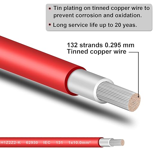 8AWG (10mm²) Tinned Copper PV Extension Cable - Solar Panel Connection Wire for Outdoor RV Marine Automotive Boat (30FT Black + Red Pair)