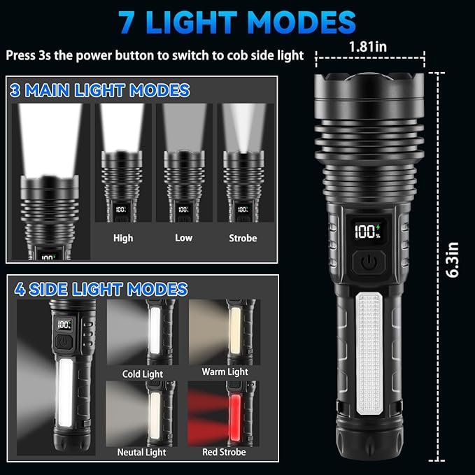 4Pack Flashlights High Lumens 9900FL, 7Mode Flashlight Rechargeable with LCD Digital Display, Rechargeable Flashlights with COB Light, Adjustable Super Bright Flashlight, Powerful Tactical Flash Light