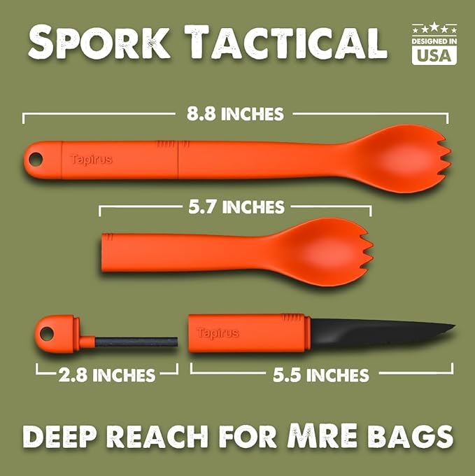 Tapirus Spork Tactical 2-pack Orange/Green | BPA Free Spork, Stainless Steel Knife and Fire Starter | 3 in 1 multipurpose utensil | Hiking, camping & backpacking gear | Fit for MRE