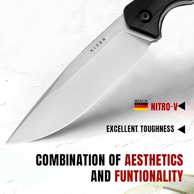 Kizer Militaw Fixed Blade Knife with Sheath, Nitro V Blade Camping Knife with G10 & Micarta Handle, Fixed Blade EDC Knives for Men Women Gift, Outdoor Hunting Hiking Survival Knives 1067A2
