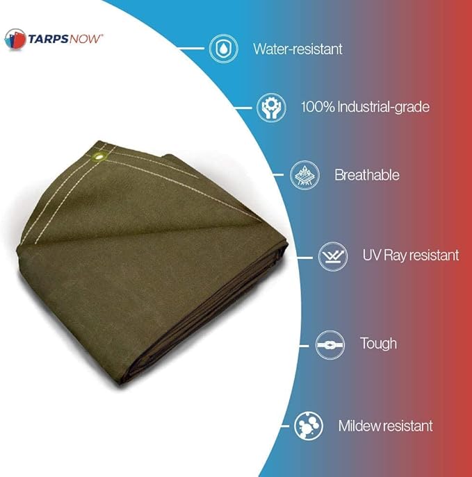Tarps Now 8x12 ft Heavy Duty Canvas Tarp| 18 MIL Industrial Grade Fabric, Tear Resistance, Reinforced Edges, Brass Grommets | Ideal for Construction, Trucking, Manufacturing, Automotive –Olive Color