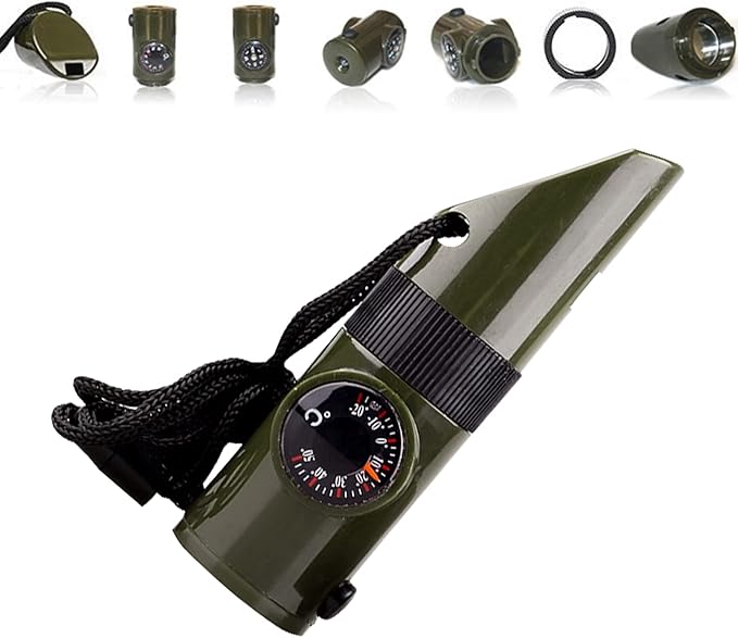 Emergency Survival Whistle,Multifunctional Outdoor Tools,Loud Safety Signaling,Compass/Thermometer/Light/Magnifier/Reflector Mirror/Storage Room/Lanyard,Expedition/Exploration/Hiking/Camping/Climbing