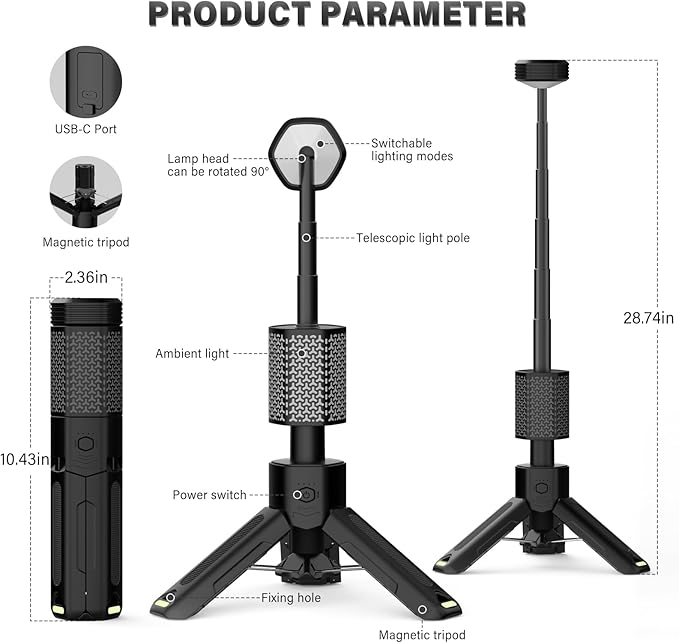 Telescopic Camping Light - 10500mAh Rechargeable Camping Lantern with Storage Bag, Portable Magnetic Camping Lamp, Waterproof Camp Light Outdoor Emergency Lights for Home Power Outage, Hiking -Black