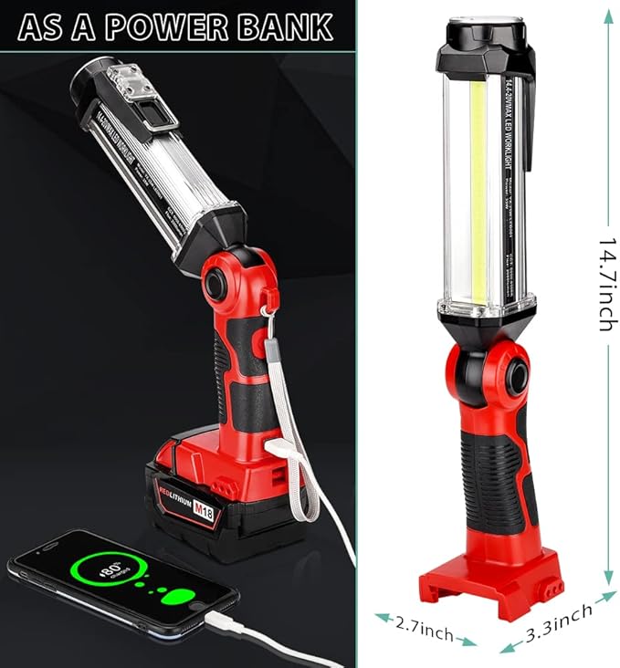 Cordless LED Work Light Compatible with Milwaukee 18v Battery, Hiesuan 35W 2000LM Outdoor Flashlight Portable Camping Lanterns with Hook, 90°Rotatable for Car Repairing, Job Site Lighting, Emergency