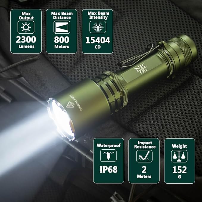 N50t V2 Rechargeable LED Flashlights High Lumen, 2,300 Lumens, Long Throw Tactical Flashlight Super Bright, Powerful Flashlight 3 Modes Flash Light for Emergency, Camping, Hiking (Green)