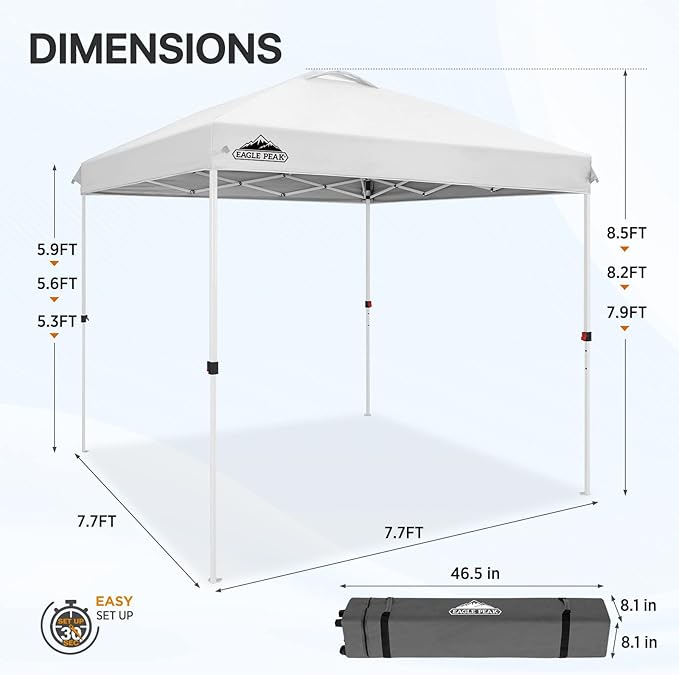 EAGLE PEAK Pop Up Canopy Tent with Wheeled Carry Bag, 8 Stakes, 4 Ropes, Easy Set Up Tent Canopy, 8x8 ft White