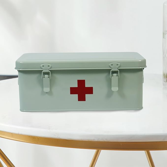 First Aid Medicine Box, First Aid Kit Supplies Bin, Metal Medicine Storage Tin, First Aid Empty Box with Safety Lock for Home Emergency Tool Set-Green