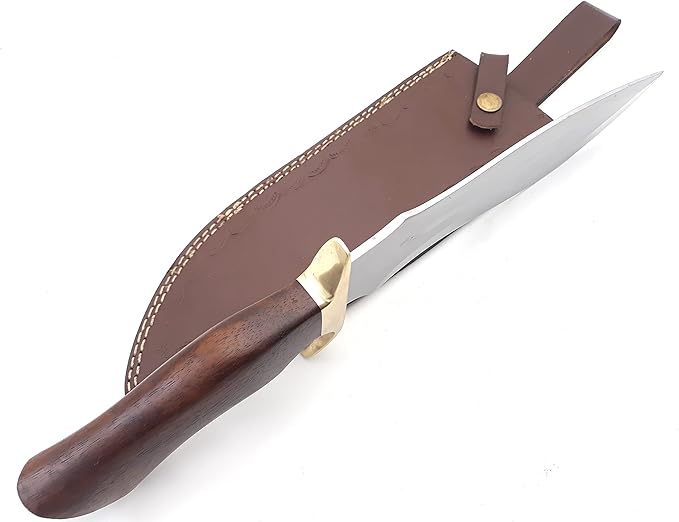 Nooraki Handcrafted D2 Steel Fixed Blade Bowie Knife with Rosewood Handle and Brass Guard, Leather Sheath Included, Ideal for Camping, Hunting, and Everyday Carry - 15.5" Length N368
