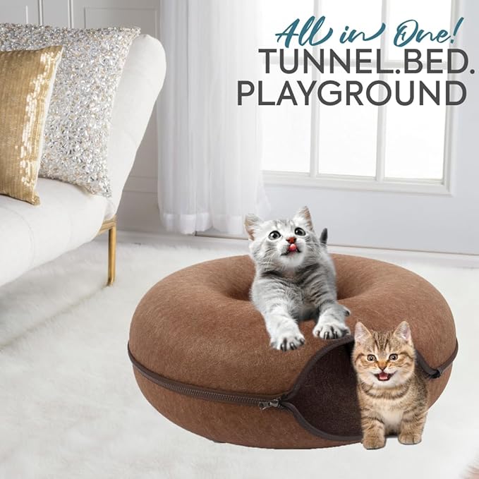 Laluz 2021 Large Cat Tunnel Bed for Indoor Cats Up to 30 Lbs Peekaboo Donut Cave with Catnip and Plush Toys Scratch Resistant Felt Design Detachable and Washable Cat Tunnel (Chocolate, L)