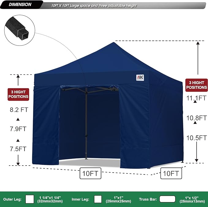 ABCCANOPY Heavy Duty Easy Pop up Canopy Tent with Sidewalls 10x10, Navy Blue