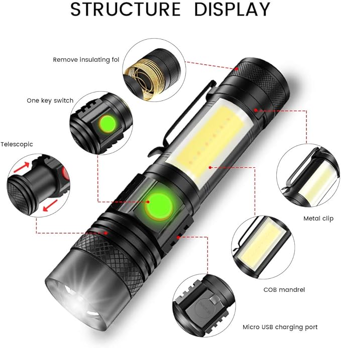 Rechargeable Flashlight, Magnetic LED Flashlight ?�Battery Not Included?‘with COB Work Light, Pocket Tactical Flashlights with 6 Modes,1000 Lumens Super Bright,Waterproof,Zoomable,for Camping,Emergency