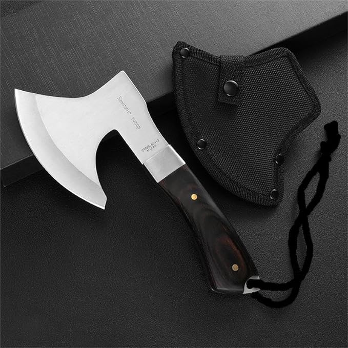 DOOM BLADE 8.5" Camping Hatchet Axe with Nylon Sheath,Small Tomahawk Viking Axe Forged High Carbon Steel for Full Tang Wooden Grip,Portable Camping Axe for Outdoor Splitting Wood,Hunting Survival
