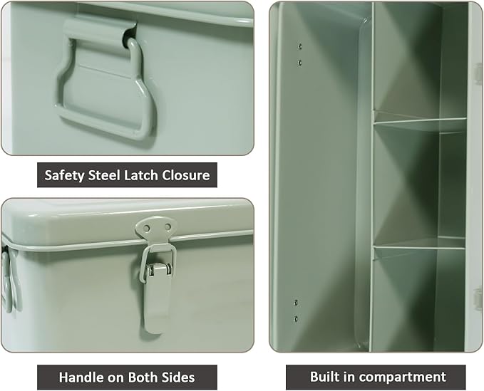 First Aid Medicine Box, First Aid Kit Supplies Bin, Metal Medicine Storage Tin, First Aid Empty Box with Safety Lock for Home Emergency Tool Set-Green