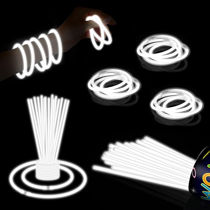40 Pack 8??White Glow Sticks Bracelet Necklaces Bulk with 40 Connectors Neon Glow In The Dark Party favors Supplies for Holiday Birthday Party Decoration (White)