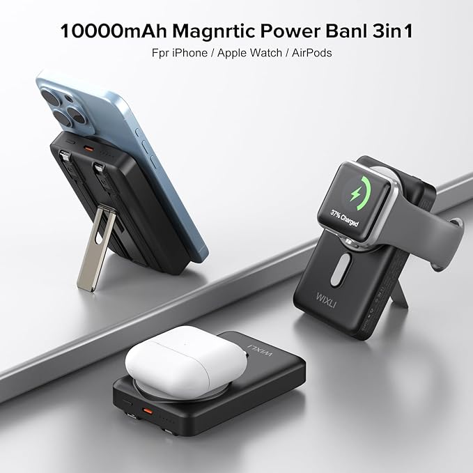 Wireless Portable Charger, 3-in-1 Magnetic Power Bank 10000mAh with USB-C/iOS Cable and Stand, 22.5W Fast Charging Battery Pack, Compatible with iPhone 16/15/14/13/12/Pro/Mini/Pro Max