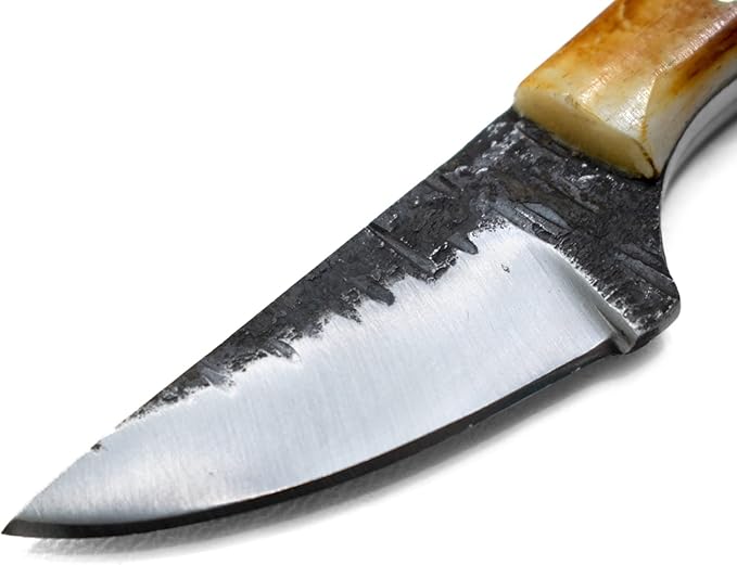 Titan International Knives Carbon 1080 Steel Skinning Utility Knife | Handmade Fixed Blade Color Coated & Hand Pounded | Burnt Bone Handle Perfect for Hunting and Outdoor Camping with Leather sheath