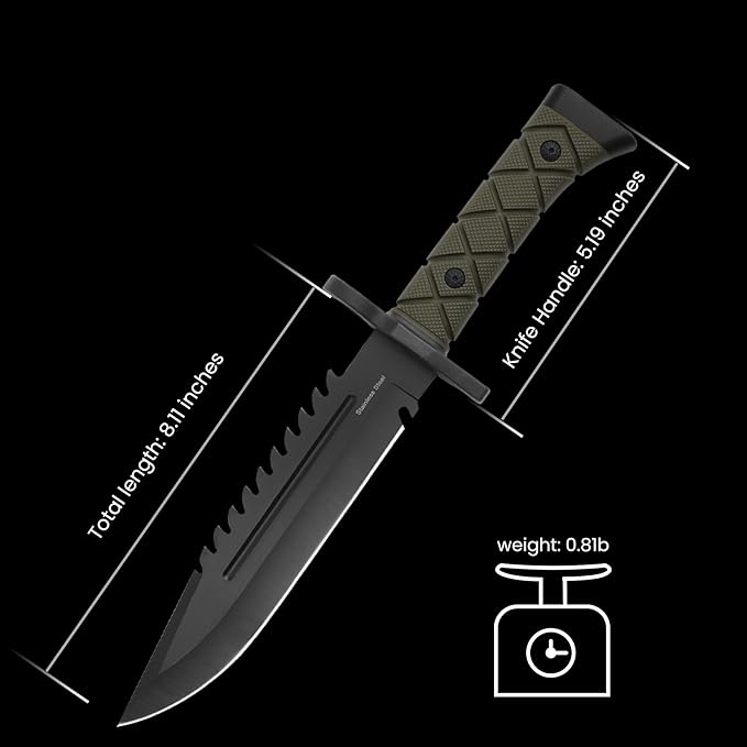 15" Fixed Blade Tactical Knives with Sheath, Stainless Steel Survival Hunting Bushcraft Full Tang Non-Slip Handle Knife with Serrated Blade Back for Camping Adventure EDC