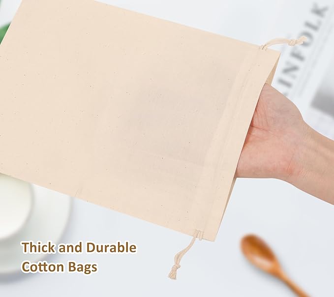10PCS Cotton Storage Bags with Drawstrings, X-Large 14x17inch Multipurpose Canvas Fabric Bread Bags, Reusable Muslin Bulk Flour Sack Bags, Natural Potato Onion Storage Bags, Cloth Shoe Bags