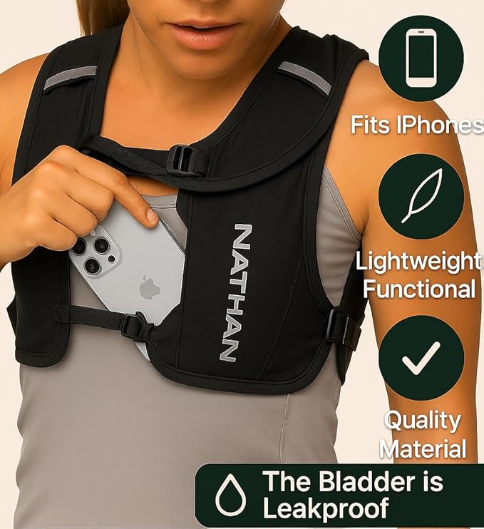 Nathan QuickStart 1.5L Hydration Pack Vest with Bladder or flasks, Storage Pockets, Breathable Moisture-Wicking Fabric, Adjustable Straps for Running, Hiking, Walking, Marathons, Obstacle Races