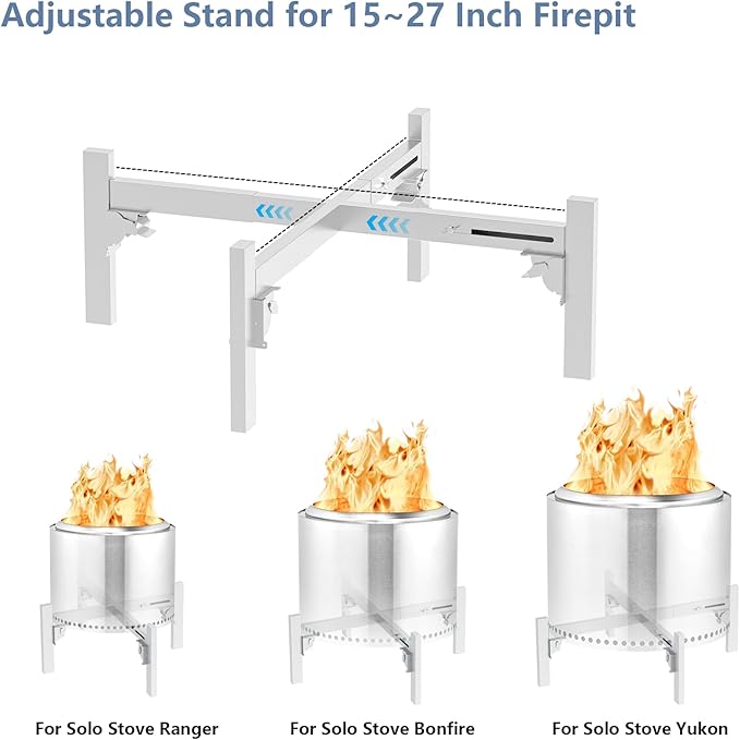 Firepit Stand, Adjustable Fire Pit Stand for Solo Stove Ranger Bonfire Yukon Accessories Foldable Firepit from 15 to 27 inch Stainless Steel Outdoor Camping Fireplace Tools