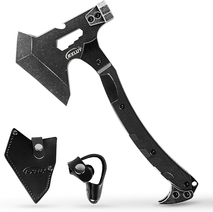 Tactical Axe with G10 Handle Camping Survival Hatchet, Multifunctional Outdoor Hiking Heavy Duty Full Tang Tomahawk Tools with Hammer, Unique Design Crowbar, Leather Sheath (Black)