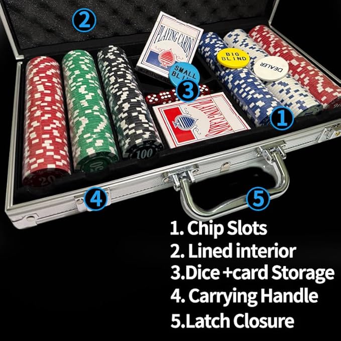 Texas Hold'em Chips Without face Value, 300 11.5g Weighted Digital Casino chip Set, 5 dice, 2 Decks of Cards, with Compact Aluminum case, for Texas Hold'em, Blackjack, Ages 8 and up