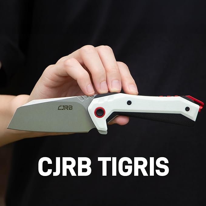 CJRB Tigris Pocket Knife, Folding Knife with AR-RPM9 Powder Steel Stonewash Blade Black & White G10 Handle for EDC Camping Hunting (J1919)