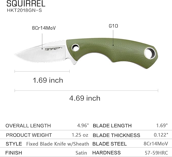 TONIFE Neck Knife Mini Outdoor Survival Fixed Blade Knife, EDC High Hardness Sharp Blade 1.7'' Portable Neck with Kydex Sheath and Ball Chain (army green)