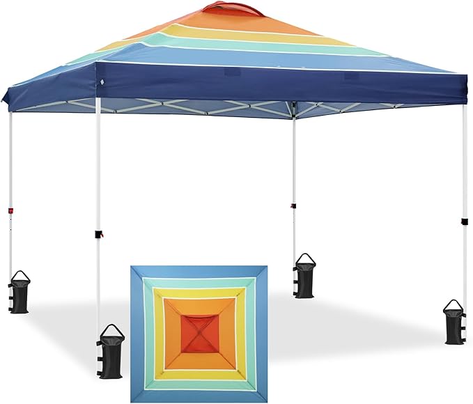 EAGLE PEAK Pop Up Canopy Tent with Wheeled Carry Bag, 8 Stakes, 4 Ropes, 4 Weight Bags, Easy Set Up Tent Canopy, 10x10 ft, 100sqft of Shade, Retro Stripe Multi