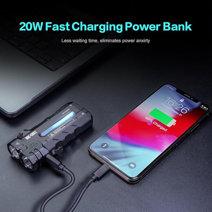 SK05 2850 LM Rechargeable Flashlight with 6000mAh Power Bank, IP68 Waterproof EDC Flashlight, Magnetic Camping Light with Flood/Spot/RGB Sidelight for Outdoor Hiking Emergency Survival Gear