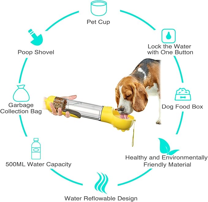 DoqiPaw Dog Travel Water Bottle Leak Proof No Spill Lead Leash Waterer Feeder Accessory Alternative to Dispenser Portable Pet Bowl Large Dogs(500ml) (Yellow)