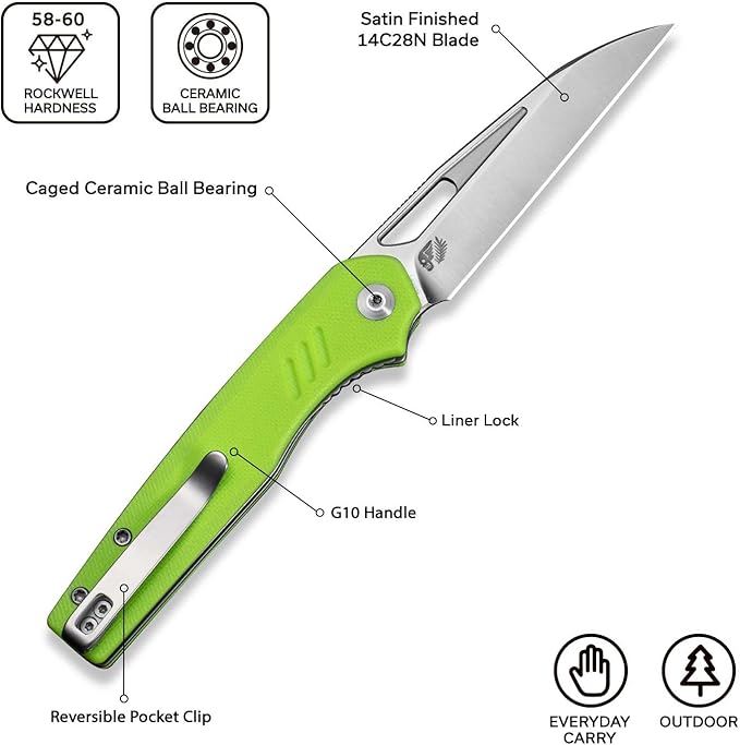 CIVIVI Guile Pocket Knife, Folding Knife for EDC, 3.25" Swedish 14C28N Blade G10 Handle with Reversible Deep-Carry Clip C24062B-2 (Fluorescent Green)