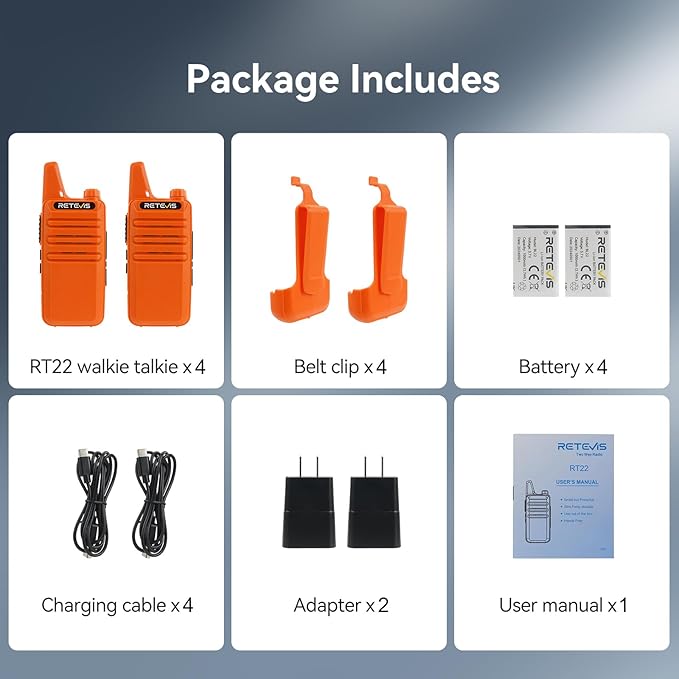Retevis RT22 Rechargeable Walkie Talkies, Long Range Two Way Radio for Adults, Portable Handheld Radio, Voice Activated, Emergency Alarm, Upgraded Type-C Charing, Outdoor Hiking Travel(4 Pack, Orange)