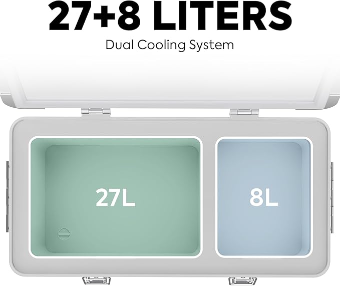 ICECO APL35 Dual Zone 12V Refrigerator, 35 Liters Light Duty Aluminum Portable Fridge, SECOP Nano Compressor, DC 12/24V, AC 110-240V, -4℉~68℉, for Outdoor, RV, Camping, Car Use (APL35+DC Cable)