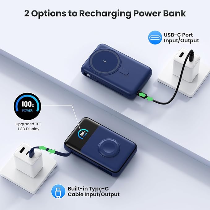 Magnetic Portable Charger 10800mAh with Built-in Cables,5-in-1 Qi2 Certified 15W Wireless Power Bank with iWatch Charger,30W PD Fast Charging USB-C Battery Pack for iPhone 17/16/15/14/13/12-Dark Blue