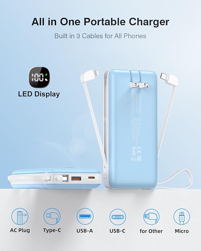 Portable Charger with Built-in Cables&AC Wall Plug,5 Output 2 Input 20000mAh Power Bank,22.5W Fast Charging Battery Pack with LED Display,Compatible with iPhones,Android, Samsung etc,Blue