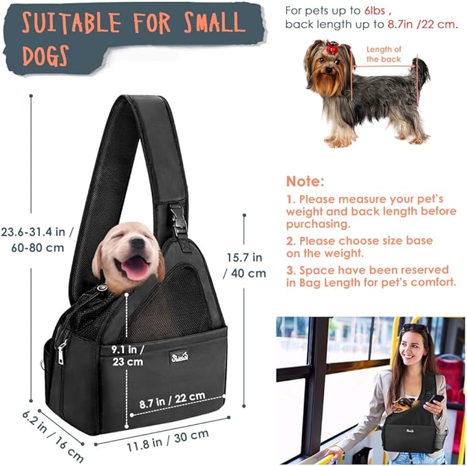 SlowTon Pet Dog Sling Carrier, Hands Free Hard Bottom Papoose Small Animal Puppy Up to 6 lbs Travel Bag Tote Breathable Mesh Support Adjustable Padded Strap Pocket Safety Belt Machine Washable