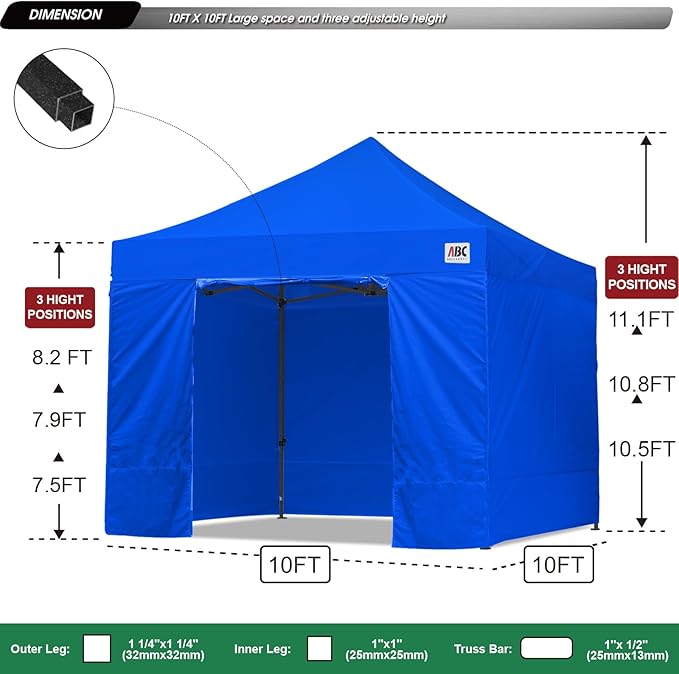 ABCCANOPY Heavy Duty Easy Pop up Canopy Tent with Sidewalls 10x10, Royal Blue