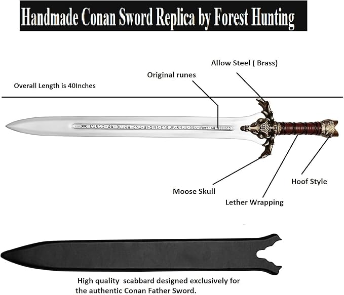 FORGE HIDE-Conan The Barbarian Sword – Real Full Tang Atlantean Swords | 1095 Carbon Steel, Bronze Fittings & Leather Sheath | Medieval Fantasy King Sword Prop | Gift for Him, Christmas, Viking Gifts