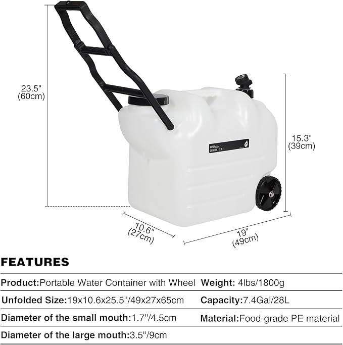 REDCAMP 7.4 Gal Water Container with Wheels & Spigot | Portable Rolling Emergency Camping Water Jug with Folding Handle | BPA Free Food Grade Water Storage Tank for Camping, Hiking 2 Pack (28L, White)