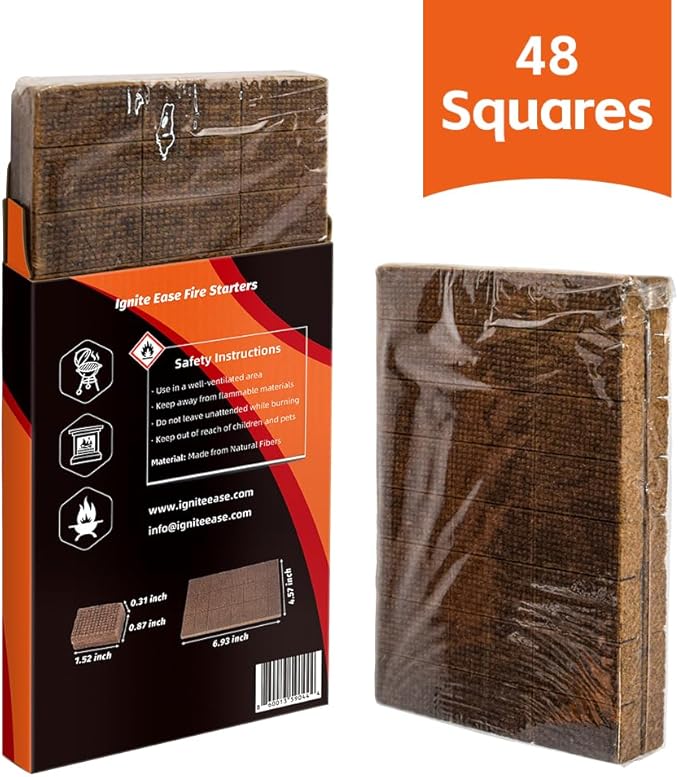 48-Pack Fire Starter Squares - Waterproof Cubes for Charcoal Grill, Camping & Survival | Odorless, Eco-Friendly Firelighters for Fire Pit, BBQ, Wood Stove