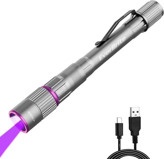 EverBrite Rechargeable Pen Flashlight with UV Light and White Light, 395nm Black Flashlight with Clip, Zoomable 4 Modes with Memory, USB C Cable, for Camping, Emergency, Pet Urine Detection,Grey