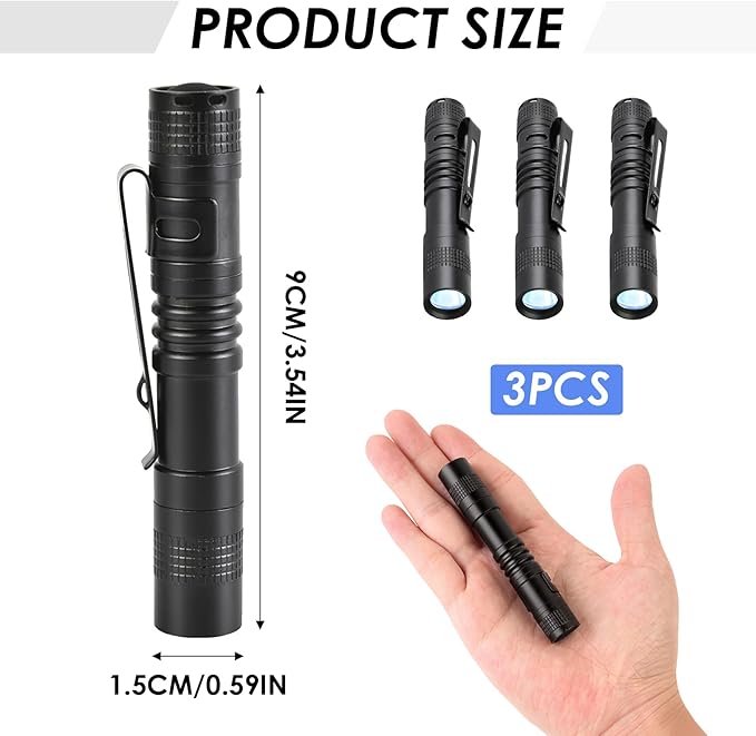 Mini Pocket Flashlight, Small LED Pen Light with Clip, 500 Lumen Torch Powered by AAA Battery, Portable Versatile for Inspection Medical Repair Camping Outdoor Emergency (3.5" 3 Pack Purple)