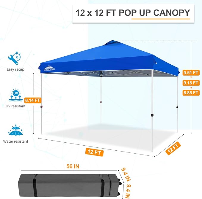 EAGLE PEAK Pop Up Canopy Tent with Wheeled Carry Bag, 8 Stakes, 4 Ropes, 4 Weight Bags, Easy Set Up Tent Canopy, 12x12 ft, 144sqft of Shade, Blue