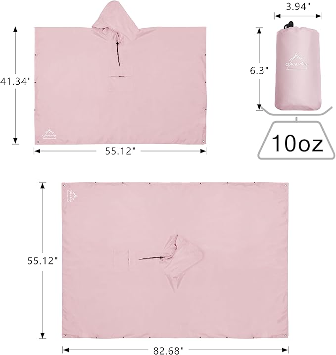 Coralrain Hooded Rain Poncho Lightweight Waterproof Unisex Raincoat Jacket with Pocket for Men Women Adult